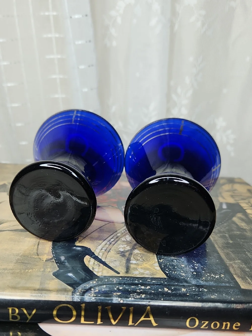 2 Morgantown glass cocktail glasses cobalt blue W/ platinum art deco trim